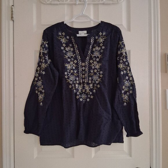 J. Jill Women's Size Medium Navy Blue Embroidered Floral Swiss Dot Boho Top - Picture 2 of 12